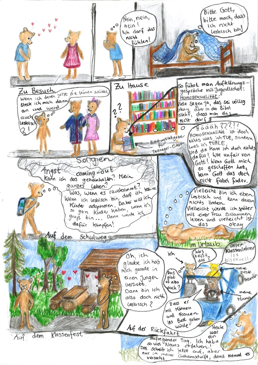9. Kachel: Astrid steht gegenüber einem anderen Bär mit Kleid. Von Astrid fliegen Herzen weg. 10. Kachel: Astrid denkt: "Nein, nein, nein! Ich darf das nicht fühlen!". 11. Kachel: Astrid versteckt sich unter einer Bettdecke und denkt: "Bitte Gott, bitte mach, dass ich nicht lesbisch bin!". 12. Kachel: Überschrift: "Zu Besuch". Astrid steht gegenüber von zwei größeren Bären und denkt: "Wenn ich denen jetzt die Hände schüttel, steck ich mich dann an und werd auch lesbisch?!". 13. Kachel: Überschrift: "Zu Hause". Astrid sitzt mit einem Buch vor einem Bücherregal. Auf dem Buch steht: "So führt man Aufklärungsgespräche mit Jugendlichen: Homosexualität: Viele sagen ja, das sei völlig okay, aber in der Bibel steht, dass man das nicht darf.". Ein Pfeil mit dem Text "Erziehungsratgeber für Teenager-Eltern" zeigt auf das Buch. Über Astrid sind Fragezeichen und sie denkt: "Häääh???!! Homosexualität ist doch nichts was ich TUE, sondern was ich FÜHLE. Und da kann ich doch nichts dafür! Wie unfair von Gott! Wenn Gott mich so geschaffen hat, kann Gott das doch nicht falsch finden.". 14. Kachel: Überschrift: "Auf dem Schulweg". Astrid läuft mit einem Schulranzen und denkt in einer grauen Wolke: "Sorgen Angst coming-out Kann ich das geheimhalten? Mein ganzes Leben? Was, wenn es rauskommt? Wenn ich lesbisch bin, darf ich keine Kinder adoptieren. Dabei will ich so gern Kinder haben, wenn ich groß bin... Dann werde ich dafür kämpfen!". 15. Kachel: Überschrift: "Im Urlaub". Astrid liegt im Gras und denkt: "Vielleicht bin ich eben lesbisch und kann daran nichts ändern. Vielleicht werde ich später mit einer Frau zusammen leben und vielleicht ist das okay". 16. Kachel: Überschrift: "Auf dem Klassenfest". Astrid und ein anderer Bär stehen in der Natur. Bei Astrid sind Herzen und sie denkt: "Oh, ich glaube ich hab mich gerade in einen Jungen verliebt. Dann bin ich also doch nicht lesbisch?". 17. Kachel: Überschrift: "Auf der Rückfahrt". Astrid, die Mutter und Astrids beste Freundin sitzen im Auto. Astrids beste Freundin sagt: "Unser Klassenlehrer ist bisexuell.", Astrid sagt: "Was heißt das?" und Astrids Mutter antwortet: "Dass er mit Männern und Frauen ins Bett gehen würde". Astrid denkt: "Das gibt es also auch?". 18. Kachel: Astrid schreibt im Gras sitzend und denkt: "Heute war ein aufregender Tag. Ich habe so viel Neues erfahren! Das schreib ich jetzt auf, aber nur in meiner Geheimschrift, damit niemand es versteht."