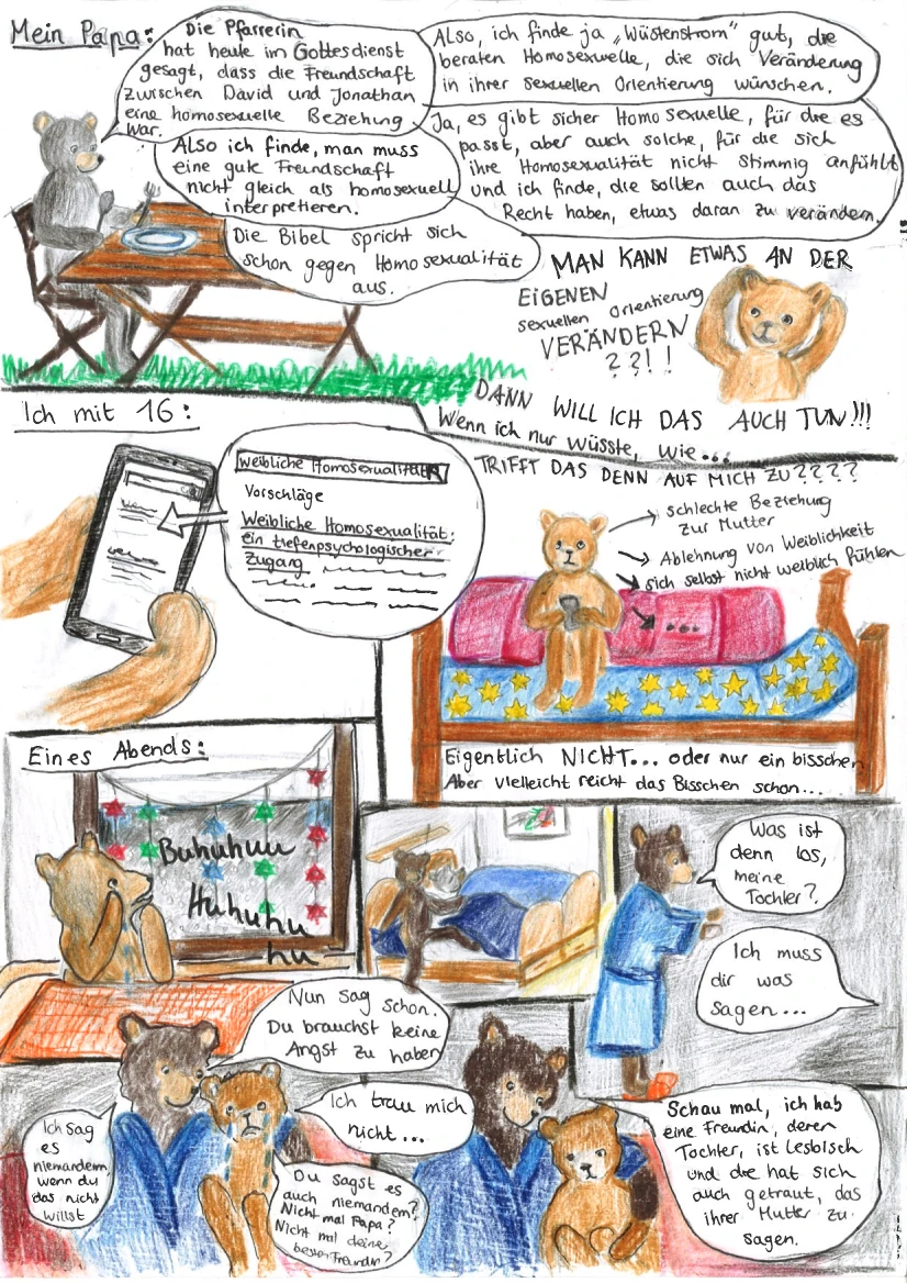 19. Kachel: Überschrift: "Mein Papa:". Astrids Vater sitzt an einem Tisch und Astrid steht daneben. Der Vater sagt: "Die Pfarrerin hat heute im Gottesdienst gesagt, dass die Freundschaft zwischen David und Jonathan eine homosexuelle Beziehung war. Also ich finde, man muss eine gute Freundschaft nicht gleich als homosexuell interpretieren. Die Bibel spricht sich schon gegen Homosexualität aus. Also, ich finde ja "Wüstenstrom" gut, die beraten Homosexuelle, die sich Veränderung in ihrer sexuellen Orientierung wünschen. Ja, es gibt sicher Homosexuelle, für die es passt, aber auch solche, für die sich ihre Homosexualität nicht stimmig anfühlt und ich finde, die sollten auch das Recht haben, etwas daran zu verändern.". Astrid denkt: "MAN KANN ETWAS AN DER EIGENEN sexuellen Orientierung VERÄNDERN??!! DANN WILL ICH DAS AUCH TUN!!! Wenn ich nur wüsste, wie...". 20. Kachel: Überschrift: "Ich mit 16:". Astrid hält ein Handy in der Hand, auf dem steht: "Weibliche Homosexualität", "Vorschläge", "Weibliche Homosexualität: ein tiefenpsychologischer Zugang". 21. Kachel: Astrid sitzt auf einem Bett und denkt: "TRIFFT DAS DENN AUF MICH ZU????". Pfeile zeigen von ihr weg mit den Texten "schlechte Beziehung zur Mutter", "Ablehnung von Weiblichkeit", "sich selbst nicht weiblich fühlen", "...". Unter dem Bett steht: "Eigentlich NICHT... oder nur ein bisschen. Aber vielleicht reicht das Bisschen schon...". 22. Kachel: Überschrift: "Eines Abends:". Astrid sitzt im Wohnzimmer und weint: "Buhuhuu", "Huhuhuhuhu". 23. Kachel: Astrids Mutter steigt aus dem Bett. 24. Kachel: Astrids Mutter steht im Dunkeln und sagt: "Was ist denn los, meine Tochter?". Von drinnen: "Ich muss dir was sagen...". 25. Kachel: Die Mutter hat Astrid im Arm und sagt: "Nun sag schon. Du brauchst keine Angst zu haben". Astrid: "Ich trau mich nicht...". Die Mutter: "Ich sag es niemandem, wenn du das nicht willst". Astrid: "Du sagst es auch niemandem? Nicht mal Papa? Nicht mal deiner besten Freundin?". 26. Kachel: Die Mutter sagt zu Astrid: "Schau mal, ich hab eine Freundin, deren Tochter ist lesbisch und die hat sich auch getraut, das ihrer Mutter zu sagen."