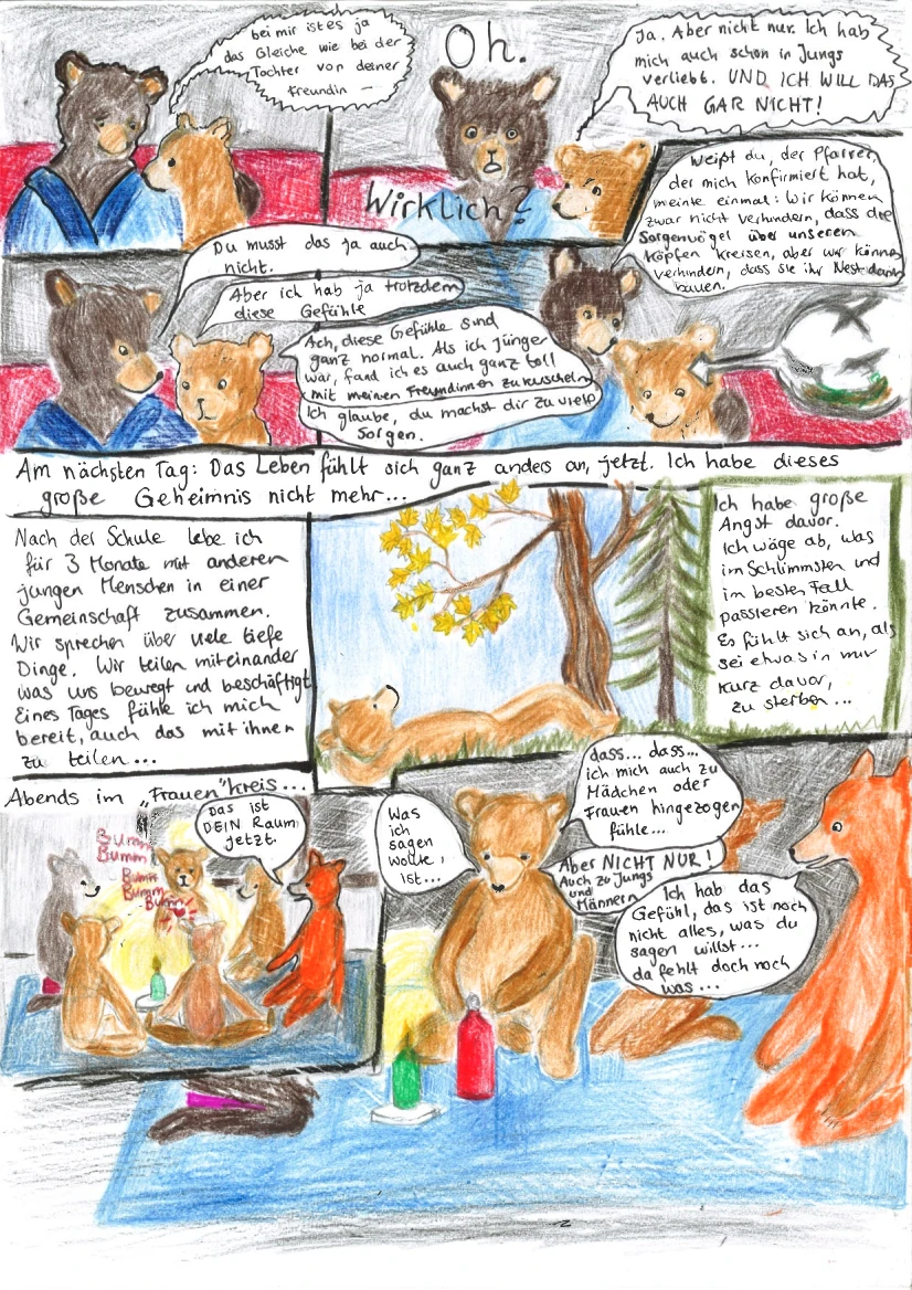 27. Kachel: Astrid sagt zu ihrer Mutter: "bei mir ist es ja das Gleiche wie bei der Tochter von deiner Freundin -". 28. Kachel: Astrids Mutter: "Oh. Wirklich?". Astrid: "Ja. Aber nicht nur. Ich hab mich auch schon in Jungs verliebt. UND ICH WILL DAS AUCH GAR NICHT!". 29. Kachel: Astrids Mutter: "Du musst das ja auch nicht.". Astrid: "Aber ich hab ja trotzdem diese Gefühle.". Astrids Mutter: "Ach, diese Gefühle sind ganz normal. Als ich jünger war, fand ich es auch ganz toll mit meinen Freundinnen zu kuscheln. Ich glaube, du machst dir zu viele Sorgen.". 30. Kachel: Astrids Mutter: "Weißt du, der Pfarrer, der mich konfirmiert hat, meinte einmal: Wir können zwar nicht verhindern, dass die Sorgenvögel über unseren Köpfen kreisen, aber wir können verhindern, dass sie ihr Nest darin bauen.". 31. Kachel: Text: "Nach der Schule lebe ich für 3 Monate mit anderen jungen Menschen in einer Gemeinschaft zusammen. Wir sprechen über viele tiefe Dinge. Wir teilen miteinander was uns bewegt und beschäftigt. Eines Tages fühle ich mich bereit, auch das mit ihnen zu teilen...". 32. Kachel: Überschrift: "Am nächsten Tag: Das Leben fühlt sich ganz anders an, jetzt. Ich habe dieses große Geheimnis nicht mehr...". Astrid liegt unter einem Baum mit gelben Blättern. Dazu der Text: "Ich habe große Angst davor. Ich wäge ab, was im Schlimmsten und im besten Fall passieren könnte. Es fühlt sich an, als sei etwas in mir kurz davor, zu sterben...". 33. Kachel: Überschrift: "Abends im 'Frauen'kreis". 6 Bären, inklusive Astrid, sitzen um eine Kerze. Astrids Herz schlägt laut: "Bumm Bumm Bumm Bumm Bumm". Ein orangener Bär sagt: "Das ist DEIN Raum jetzt". 34. Kachel: Astrid sagt: "Was ich sagen wollte, ist... dass... dass... ich mich auch zu Mädchen oder Frauen hingezogen fühle... Aber NICHT NUR! Auch zu Jungs und Männern". Der orangene Bär sagt: "Ich hab das Gefühl, das ist noch nicht alles, was du sagen willst... da fehlt doch noch was..."