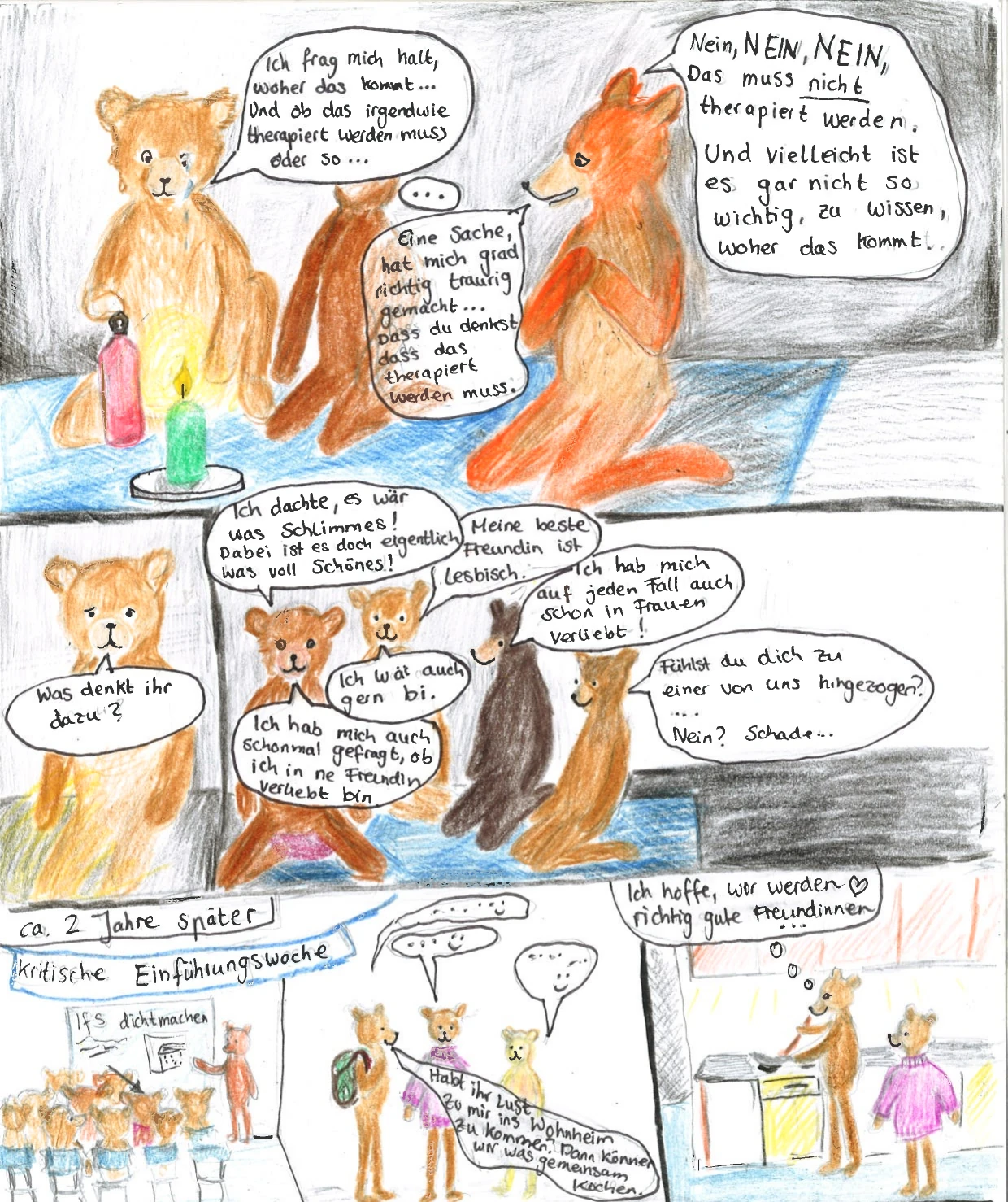 35. Kachel: Astrid sagt: "Ich frag mich halt, woher das kommt... Und ob das irgendwie therapiert werden muss oder so...". Ein Bär sagt "...". Der orangene Bär sagt: "Nein, NEIN, NEIN, Das muss nicht therapiert werden. Und vielleicht ist es gar nicht so wichtig, zu wissen, woher das kommt..". 36. Kachel: Astrid fragt: "Was denkt ihr dazu?". 37. Kachel: Der erste Bär sagt: "Ich dachte, es wär was Schlimmes! Dabei ist es doch eigentlich was voll Schönes!". Der zweite Bär: "Meine beste Freundin ist lesbisch.". Der dritte Bär: "Ich hab mich auf jeden Fall auch schon in Frauen verliebt!". Der vierte Bär: "Fühlst du dich zu einer von uns hingezogen? ... Nein? Schade...". Der zweite Bär: "Ich wär auch gern bi.". Der erste Bär: "Ich hab mich auch schonmal gefragt, ob ich in ne Freundin verliebt bin.". 38. Kachel: Überschrift: "Ca. 2 Jahre später", eine Klasse von Bären sitzt auf Stühlen, ein Banner darüber sagt: "Kritische Einführungswoche" und ein Bär steht an einem Whiteboard, auf dem "Ifs dichtmachen" steht. 39. Kachel: Astrid und zwei andere Bären reden miteinander. Alle drei sagen ".... :)", dann sagt ein Bär: "Habt ihr Lust zu mir ins Wohnheim zu kommen? Dann können wir was gemeinsam kochen.". 40. Kachel: Astrid und ein anderer Bär kochen zusammen. Astrid denkt: "Ich hoffe wir werden richtig gute Freundinnen...".