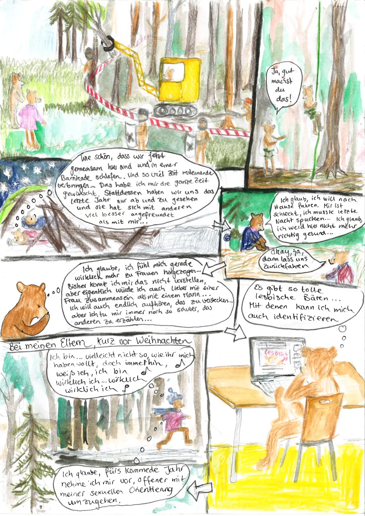 61. Kachel: Astrid und der andere Bär stehen auf einer Wiese; der andere Bär weint. Rechts von ihnen ist ein Absperrband, vor dem Bären mit Helmen und Schilden stehen. Hinter dem Absperrband fällt ein Harvester gerade einen Baum. 62. Kachel: Astrid steht mit einem Klettergurt vor einem Baum, an dem ein Seil hängt. An dem Seil hängt der andere Bär mit Klettergurt. Astrid sagt: "Ja, gut machst du das! 63. Kachel: Astrid und der andere Bär liegen unter einem Sternenhimmel in Schlafsäcken in einer Barrikade aus Baumstämmen. Astrid denkt: "Wie schön, dass wir jetzt gemeinsam hier sind und in einer Barrikade schlafen. Und so viel Zeit miteinander verbringen... Das habe ich mir die ganze Zeit gewünscht. Stattdessen haben wir uns das letzte jahr nur ab und zu gesehen und sie hat sich mit anderen viel besser angefreundet als mit mir...". 64. Kachel: Der andere Bär sitzt mit Rucksack an einem Baum, Astrid steht davor. Der andere Bär sagt: "Ich glaub, ich will nach Hause fahren. Mir ist schlecht, ich musste letzte Nacht spucken... Ich glaub, ich werd hier nicht mehr richtig gesund...". Astrid antwortet: "Okay, ja, dann lass uns zurückfahren". 65. Kachel: Astrid denkt: "Ich glaube, ich fühl mich gerade wirklich mehr zu Frauen hingezogen... Bisher konnte ich mir das nicht vorstellen, aber eigentlich würde ich auch lieber mit einer Frau zusammen sein als mit einem Mann... Ich will auch endlich aufhören, das zu verstecken... aber ich tu mir immer noch so schwer, das anderen zu erzählen...". 66. Kachel: Astrid sitzt vor einem Laptop und denkt: "Es gibt so tolle lesbische Bären... Mit denen kann ich mich auch identifizieren". 67. Kachel: Überschrift: "Bei meinen Eltern, kurz vor Weihnachten". Astrid hüpft mit Schal und Mütze durch einen Wald und denkt (mit Musiknoten): "Ich bin... vielleicht nicht so, wie ihr mich haben wollt, doch immerhin, weiß ich, ich bin wirklich ich... wirklich ich" und (ohne Musiknoten) "Ich glaube, fürs kommende Jahr nehme ich mir vor, offener mit meiner sexuellen Orientierung umzugehen."