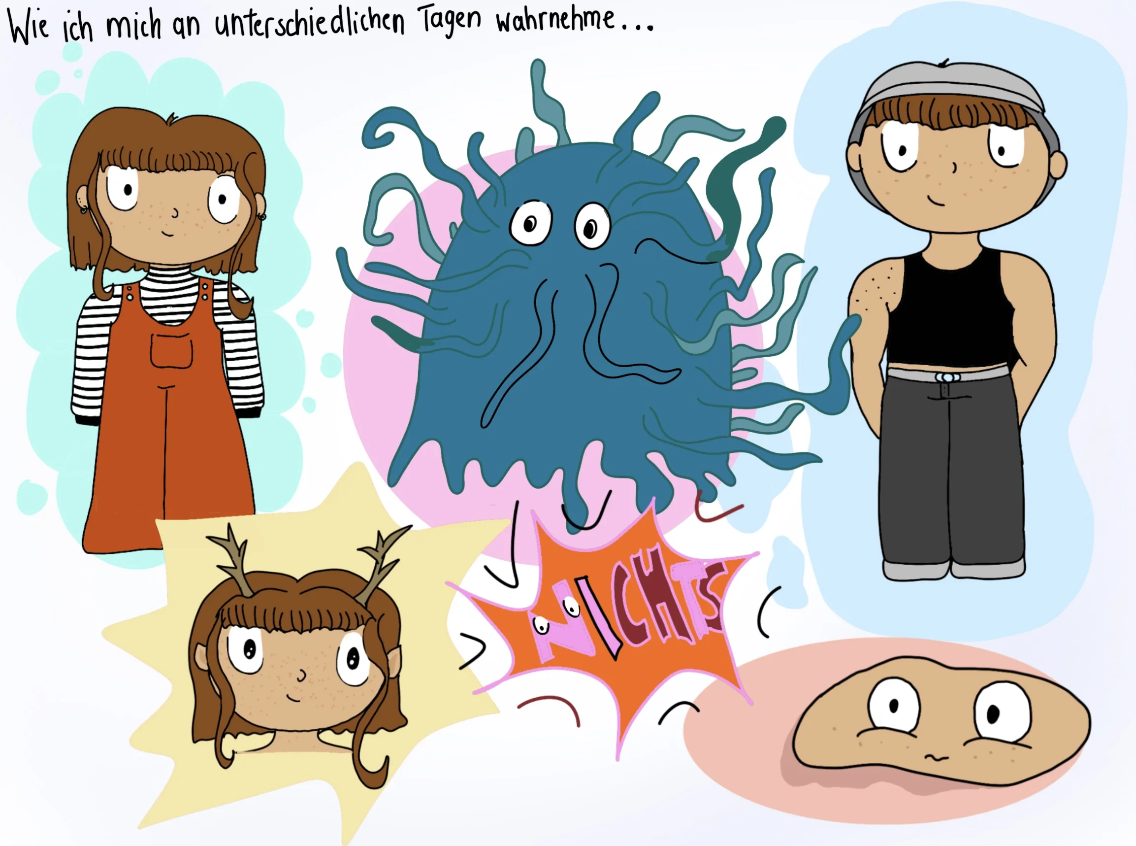Bildüberschrift: "Wie ich mich an unterschiedlichen Tagen wahrnehme..:". Dazu ein Bild von Gwen, einem Monster, einem männlich gelesenen Menschen, Gwen mit Hörnern, einem Fleischblob, und einer Explosion, in der "NICHTS" steht.