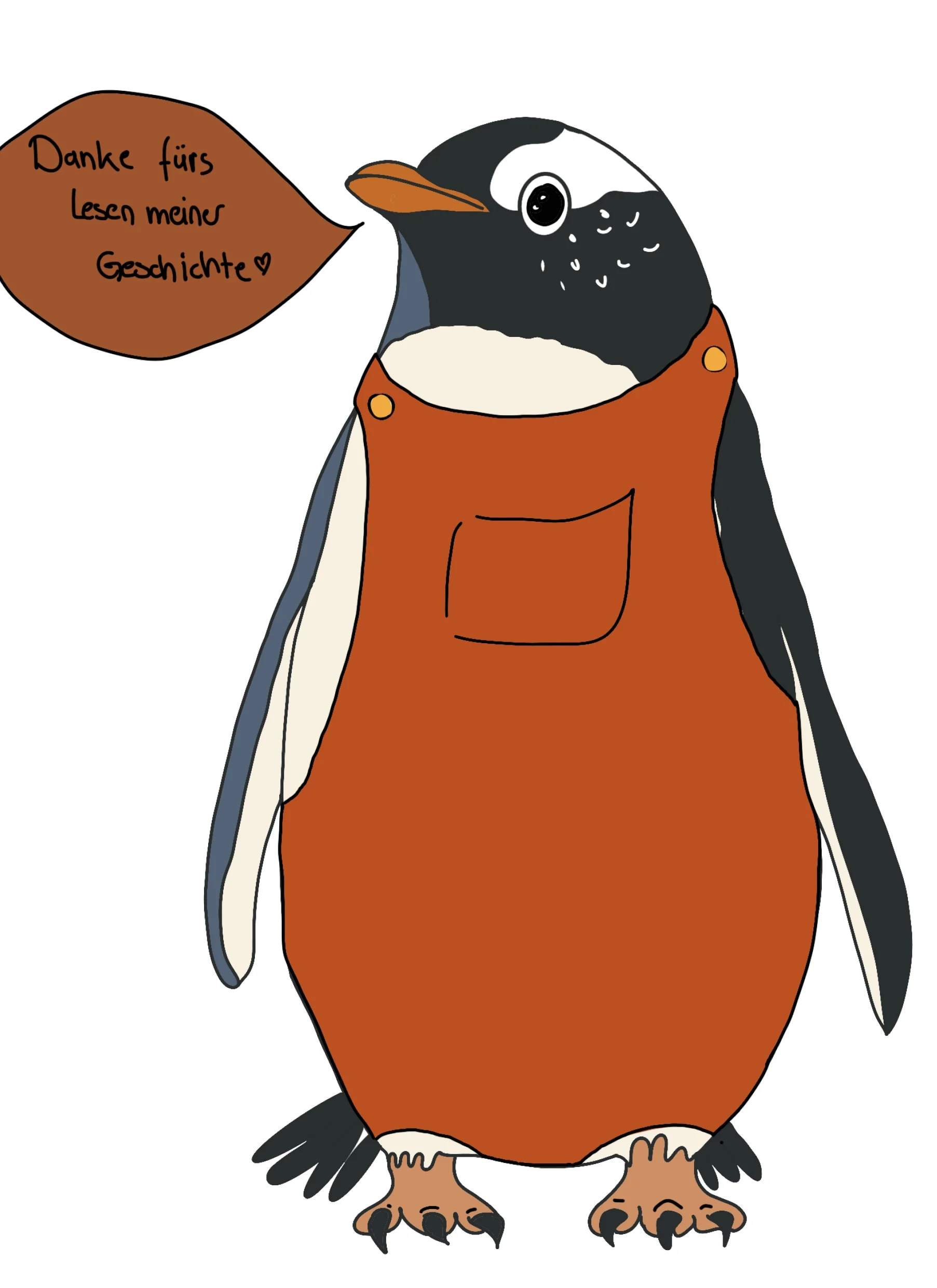 Ein Pinguin mit orangenen Latzhose, der "Danke fürs Lesen meiner Geschichte <3" sagt.